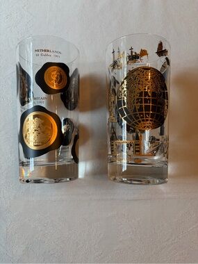 Vintage Libby MCM Pair of Tall Highball Gold & Black Decorative Glasses 22KGold